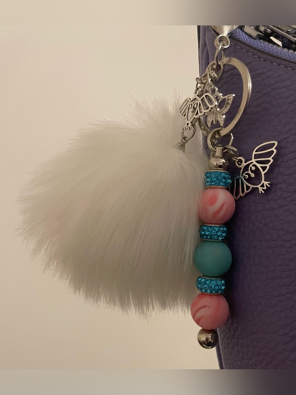 White Fur Pom Pom Bag Charm with Pink & Teal Beads-HANDMADE